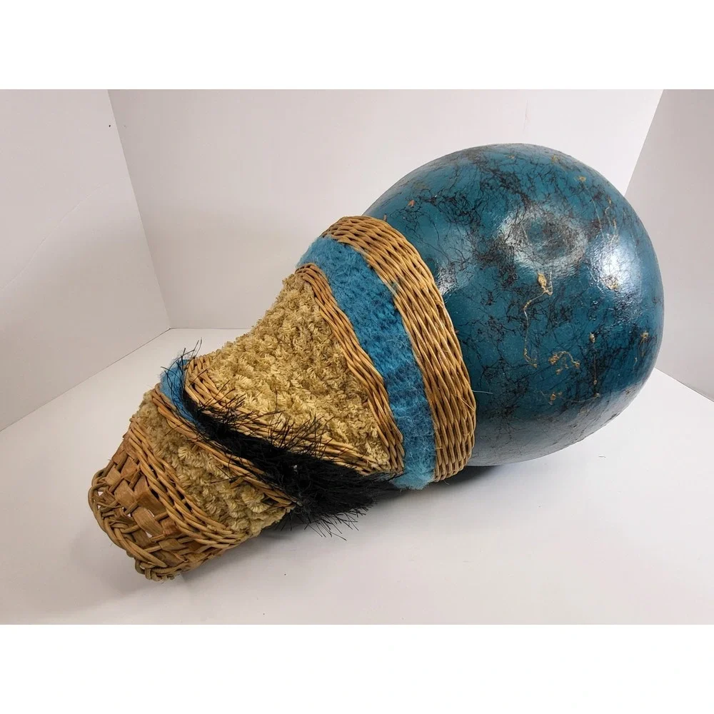 Handmade Mixed Media Gourd Vase Woven Wicker Textile Teal Blue Boho Decor 12in